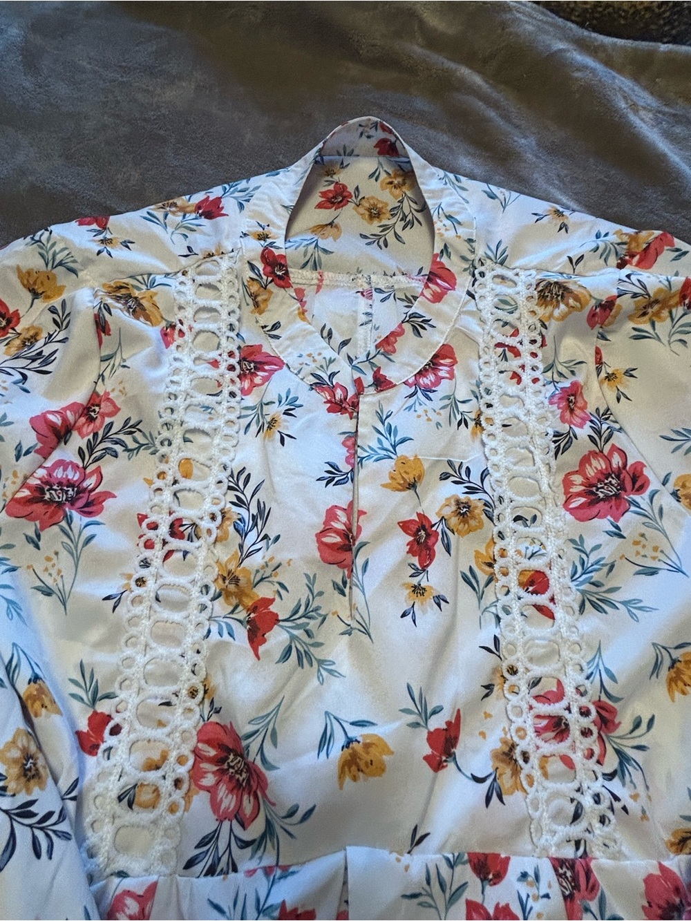Floral Lace-Trim White Women's Blouse with Pink & Yellow Flowers